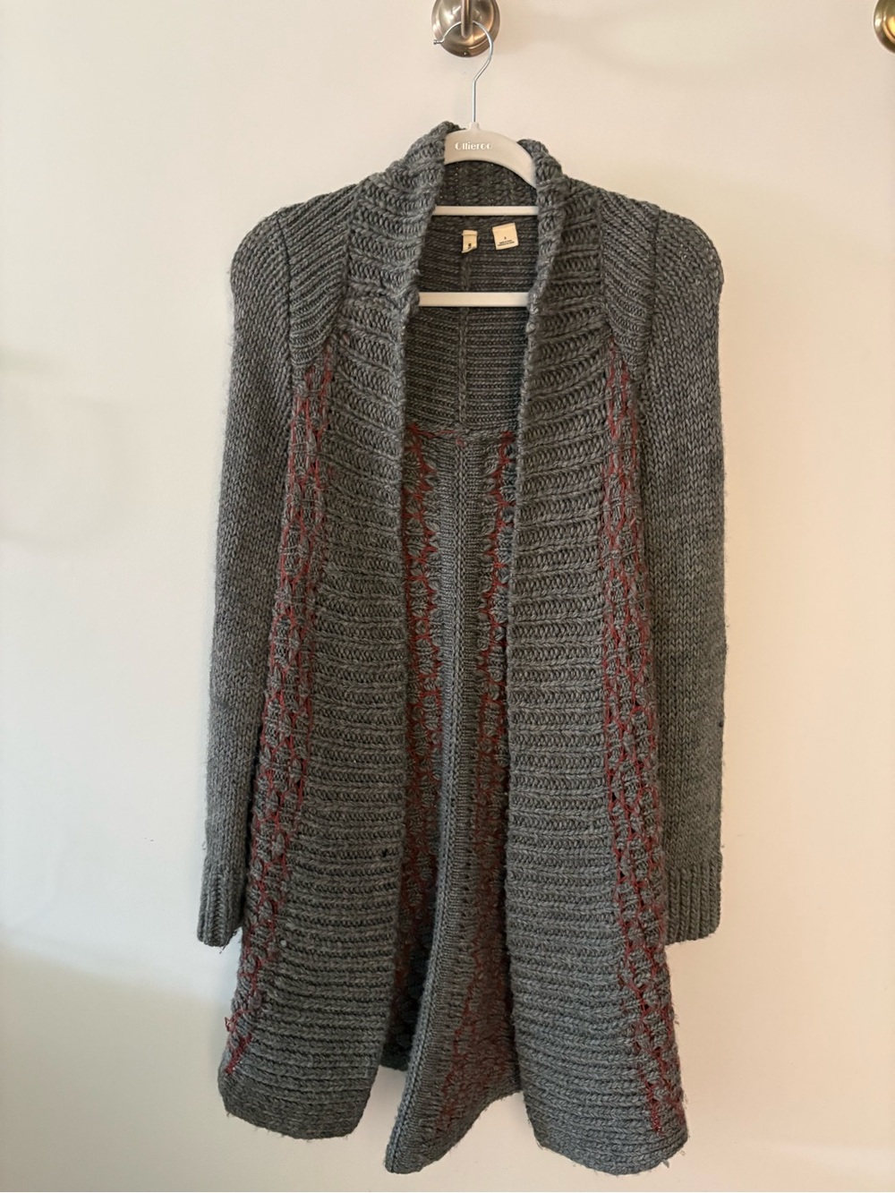 Moth Charcoal Gray Open-Front Cardigan with Red Accent Stitching